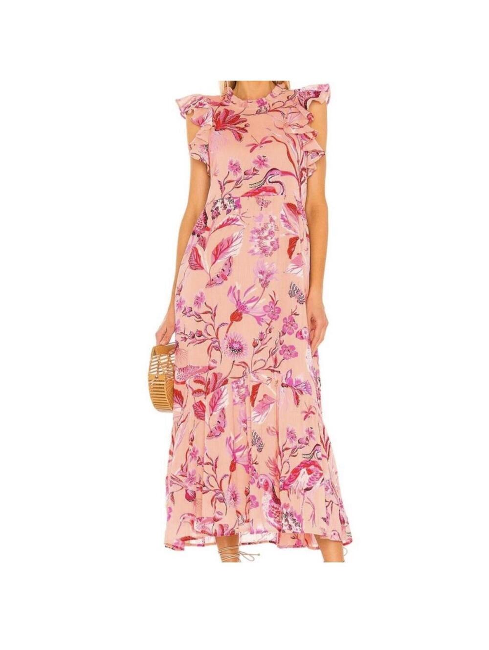 Banjanan pink floral hanna maxi dress with ruffle sleeves and tie back. Size S